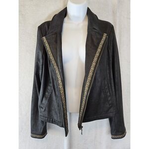 Nanette Lepore Size 8 Black Moto Jacket Blazer Embroidery Trim Pockets Zippers